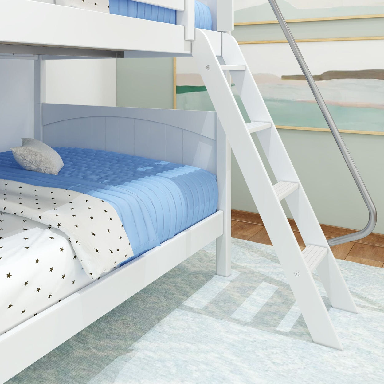 White bunk bed with blue bedding and decorative pillows in a modern bedroom setting.