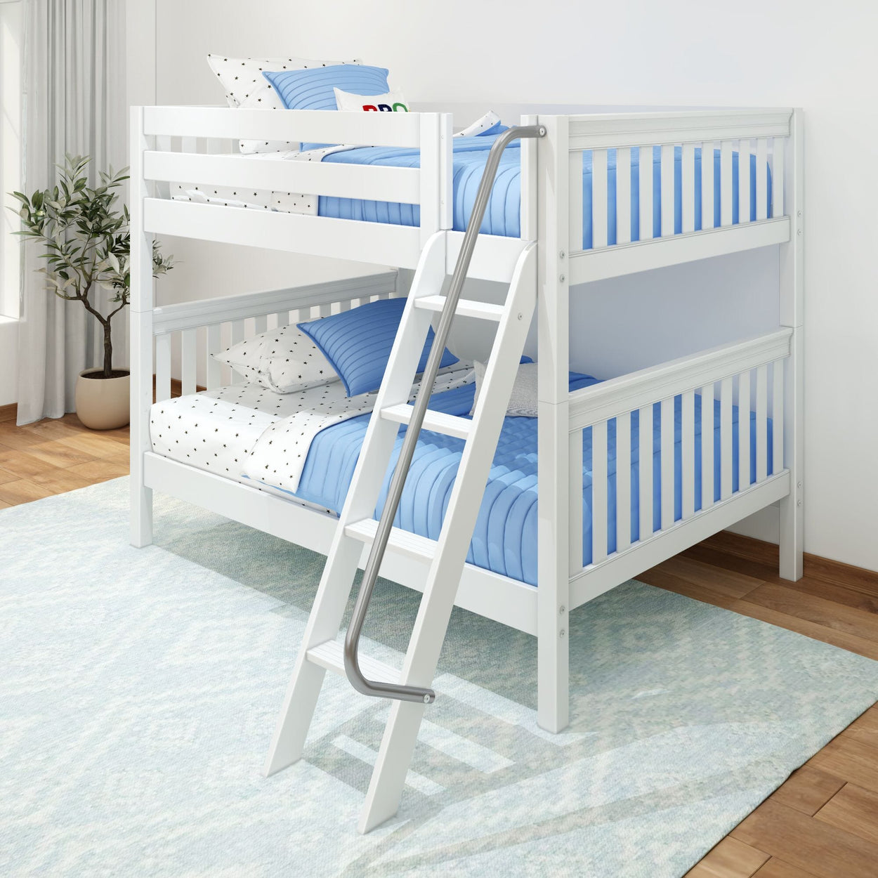 White wooden bunk bed with blue bedding and ladder in a bright, modern bedroom.