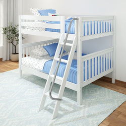 White wooden bunk bed with blue bedding and ladder in a bright, modern bedroom.