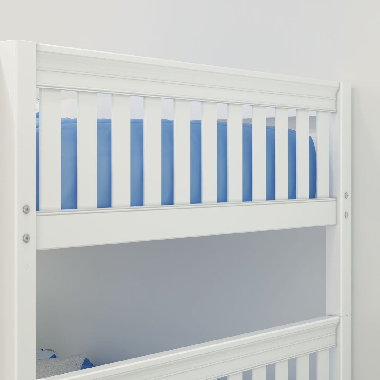 White wooden bunk bed with blue bedding in a modern bedroom setting.