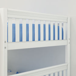 White wooden bunk bed with blue bedding in a modern bedroom setting.