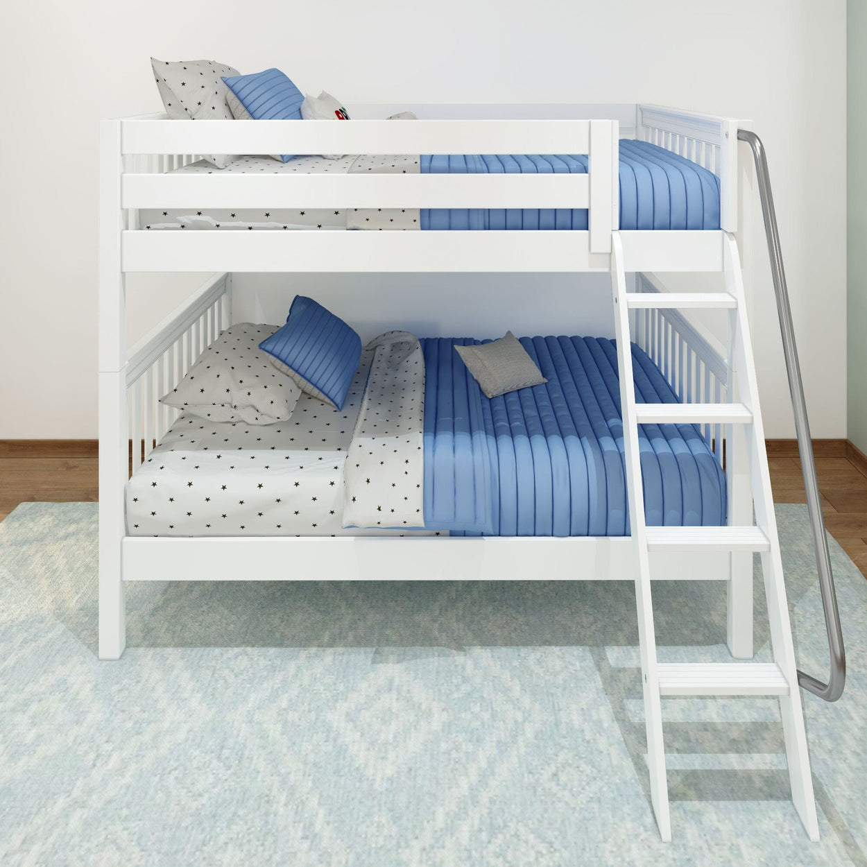 White bunk bed with blue and white bedding, situated in a bright room with a wooden floor and light patterned rug.