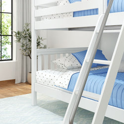 White bunk bed with blue bedding in a bright, modern bedroom featuring wooden floors and a large window.