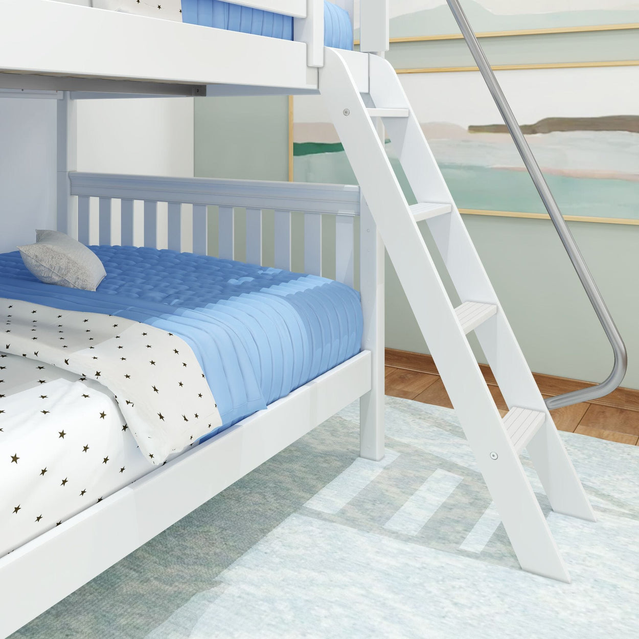 White bunk bed with blue bedding and ladder in a modern bedroom setting.