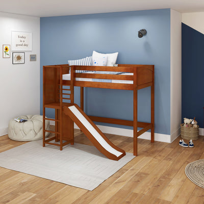 `Wooden loft bed with slide in modern children's bedroom.`