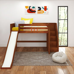 Wooden loft bed with slide and stairs, colorful pillows, and modern wall art in a bright children's room.