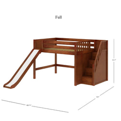 Full-size wooden loft bed with slide and stairs, measuring 100.75 inches in length, 61.5 inches in height, and 122 inches in depth.