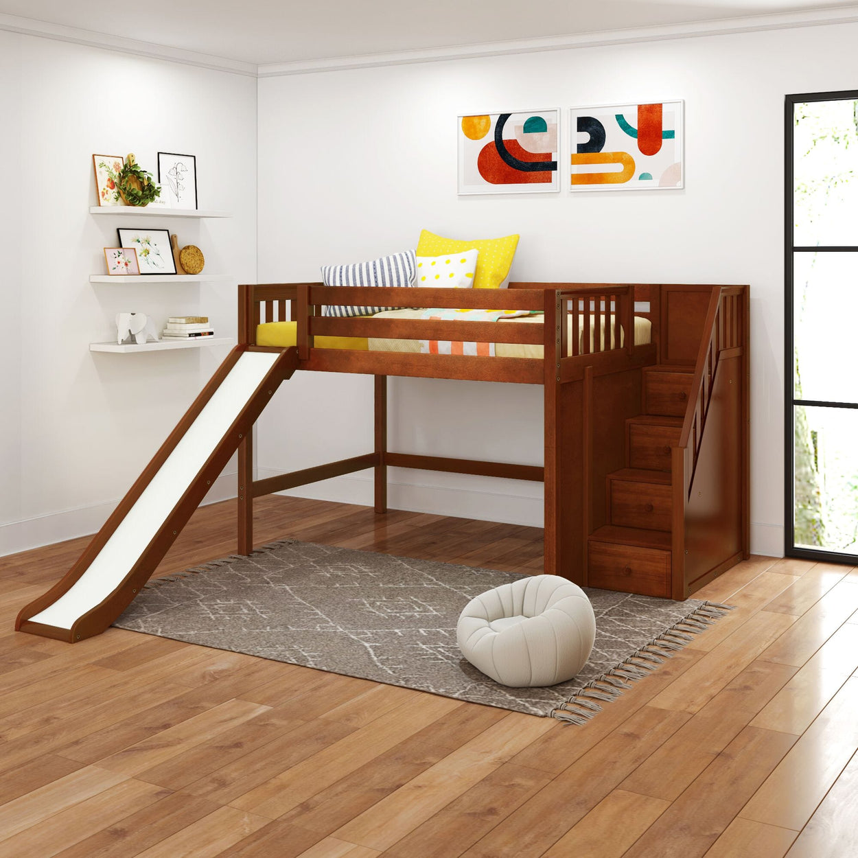 Kids' wooden loft bed with slide and storage stairs in modern bedroom.