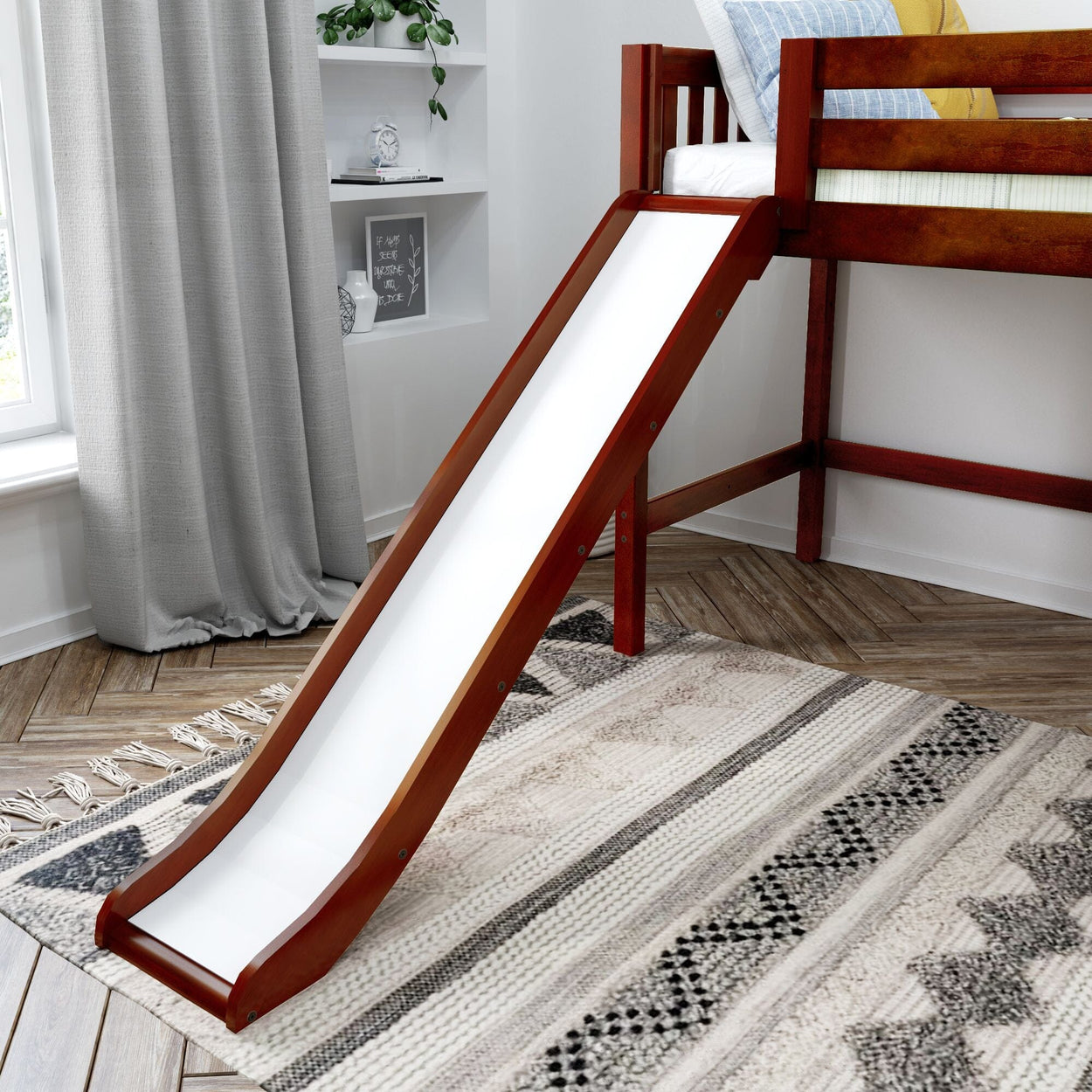 Wooden loft bed with slide in a modern kid's bedroom featuring patterned rug.