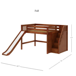 Wooden loft bed with slide and staircase, full size, dimensions labeled for children's bedroom furniture.