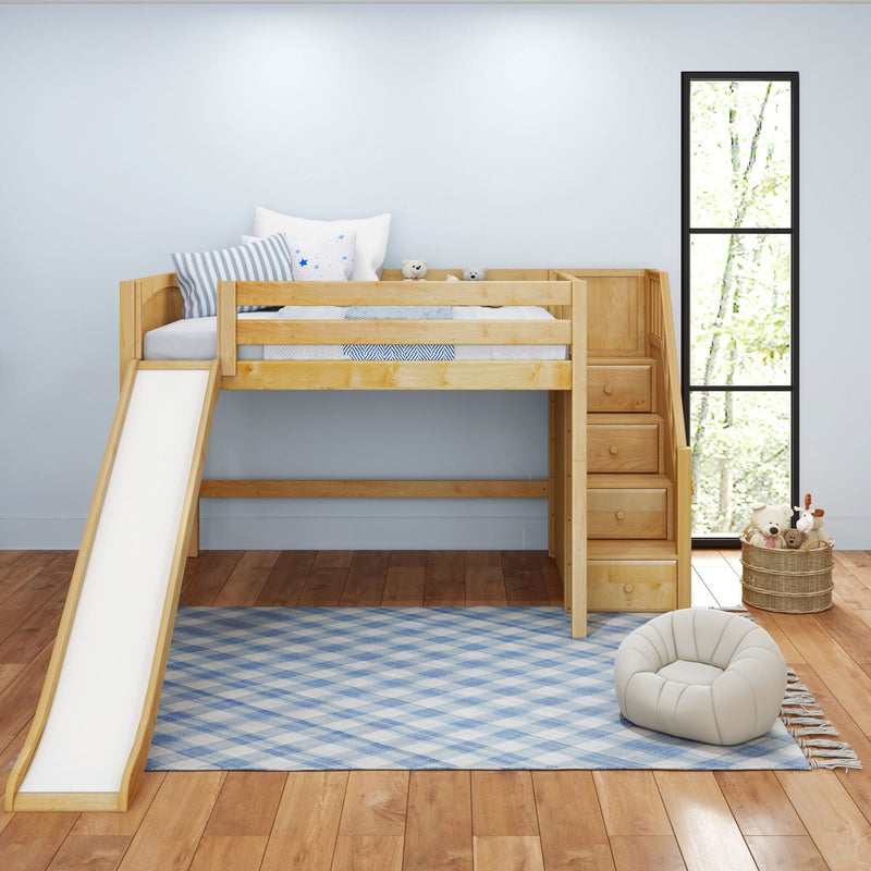 Wooden kids loft bed with slide in bright nursery - blue plaid rug, striped pillows and stuffed animals by tall window