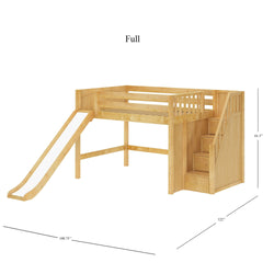 Full-size wooden loft bed with slide and stairs, children's play furniture.