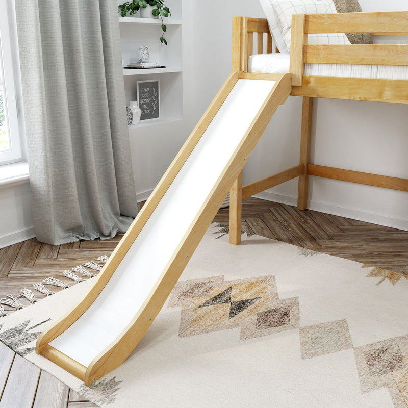 Natural wood loft bed with white slide in modern kids bedroom, neutral nursery decor with gray curtains, patterned rug and built-in shelves