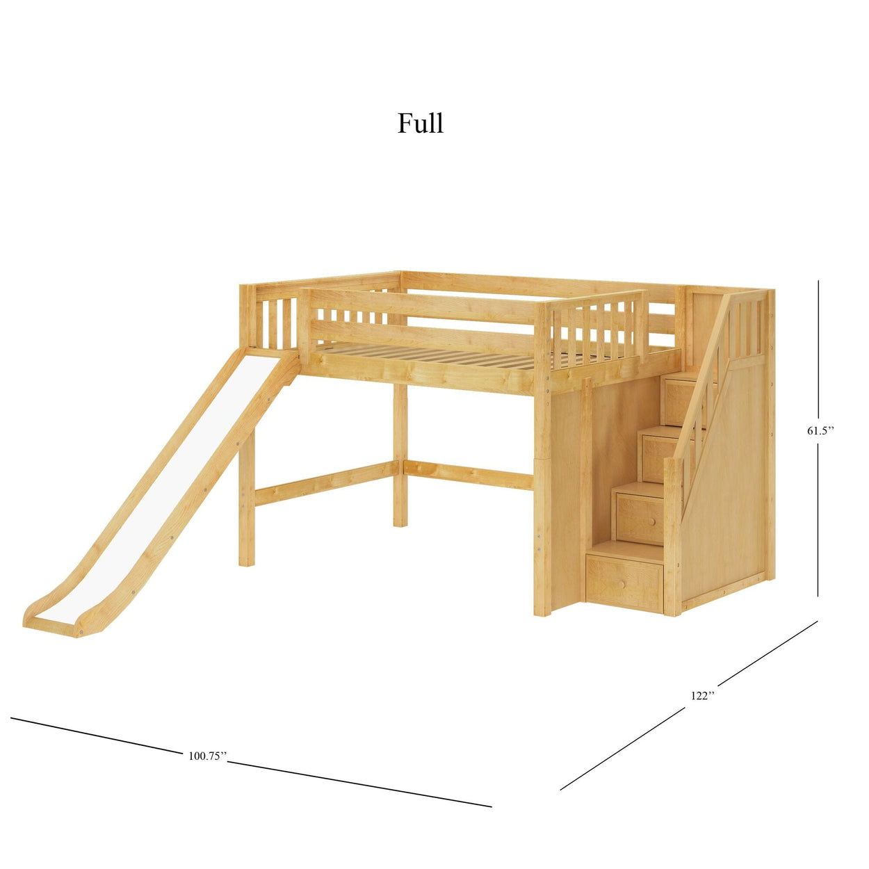 Full-size wooden loft bed with a slide and staircase, ideal for maximizing space in children's bedrooms.