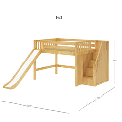 Full-size wooden loft bed with a slide and staircase, ideal for maximizing space in children's bedrooms.