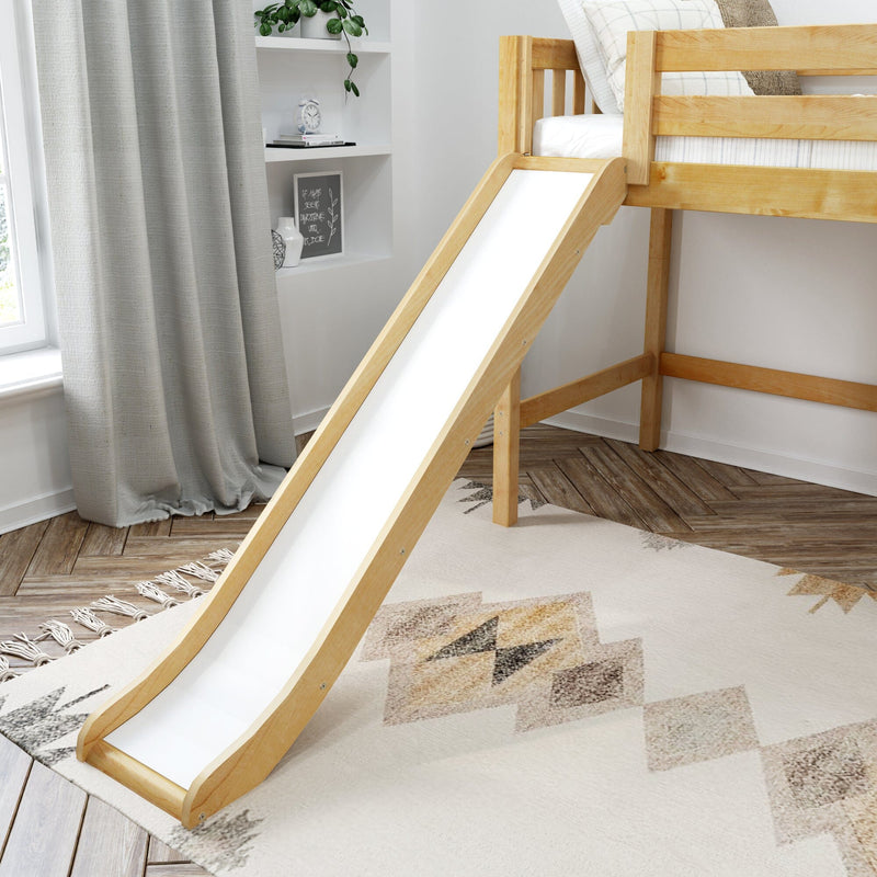 Wooden kids bunk bed with white slide in a modern neutral children's bedroom, gray curtains and built-in shelves