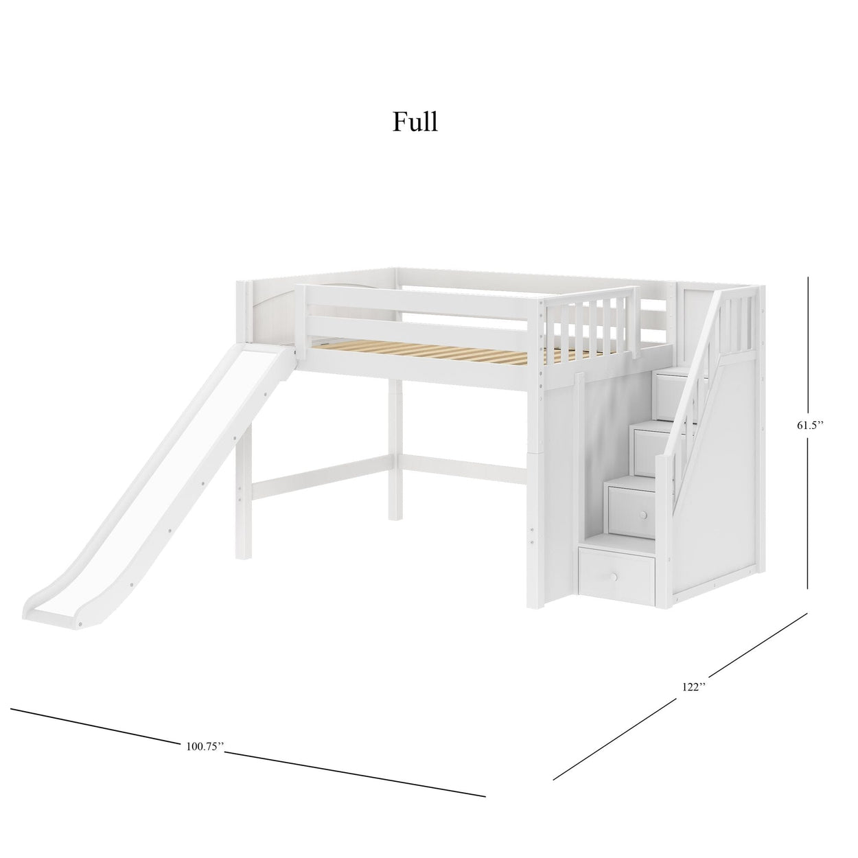 Full-size white loft bed with slide and stair storage, dimensions 100.75" x 122" x 61.5".