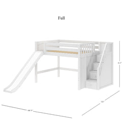 Full-size white loft bed with slide and stair storage, dimensions 100.75" x 122" x 61.5".