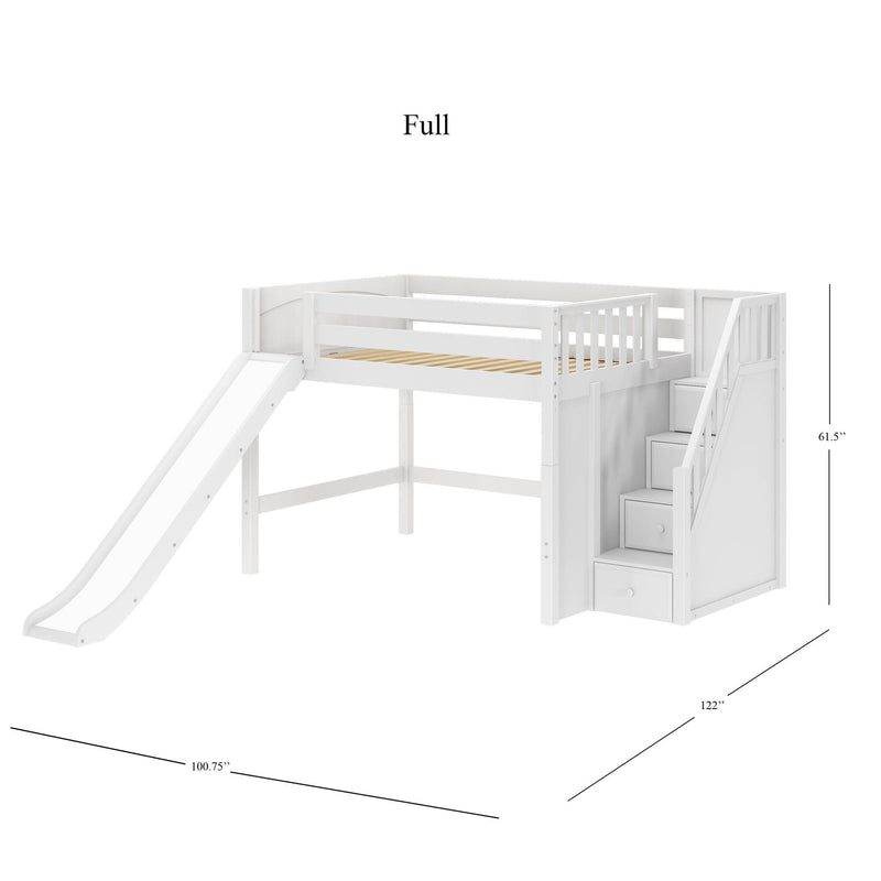 White wooden loft bed with slide and built-in staircase storage drawers, twin kids' space-saving bunk loft with guardrails