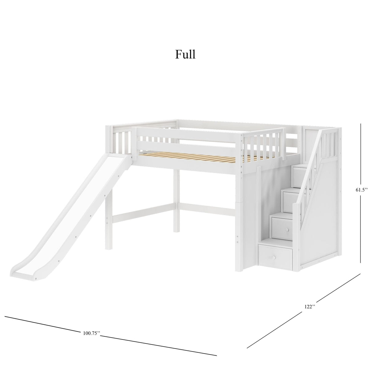White full-size loft bed with slide and storage stairs, shown with dimensions.