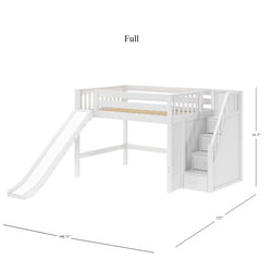White full-size loft bed with slide and storage stairs, shown with dimensions.