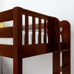 Dark wood bunk bed with ladder and crisp white bedding in a minimalist room setting.