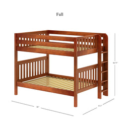 Full-size wooden bunk bed with ladder and dimensions.