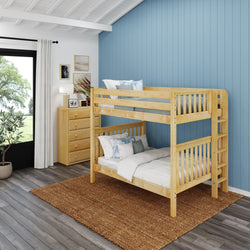 Wooden bunk bed in a cozy blue bedroom with white bedding and modern decor.