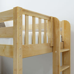 Wooden bunk bed with ladder and striped bedding in a modern bedroom setting.