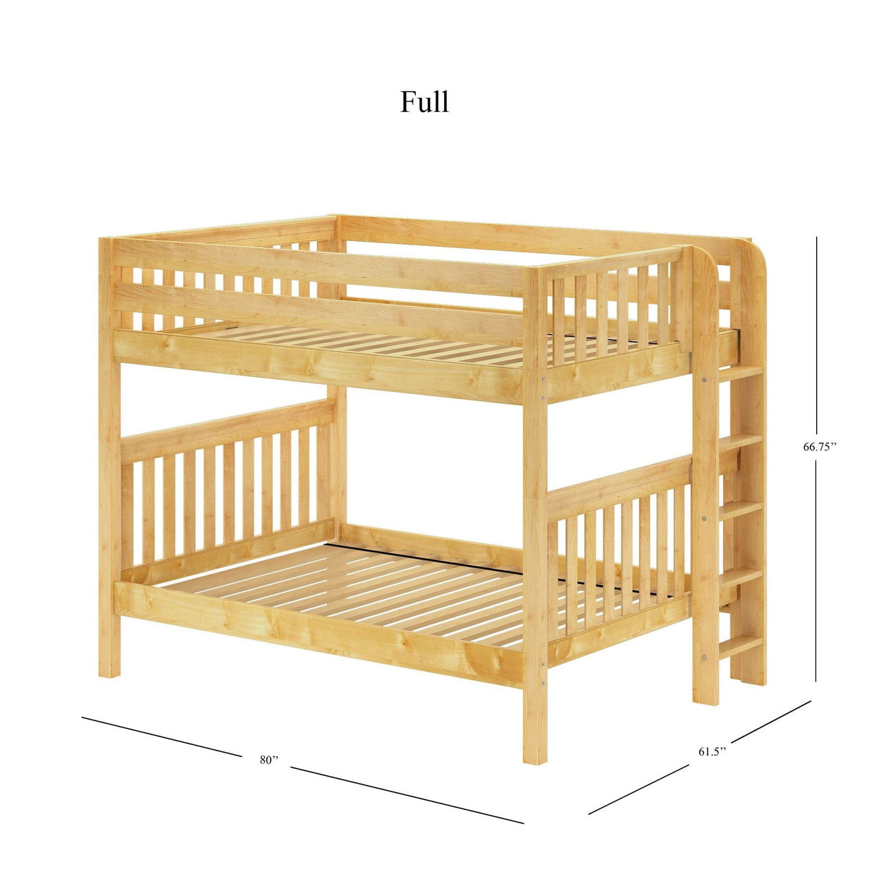 Wooden full-size bunk bed with ladder, featuring natural finish and dimensions of 80 inches length, 61.5 inches width, and 66.75 inches height.
