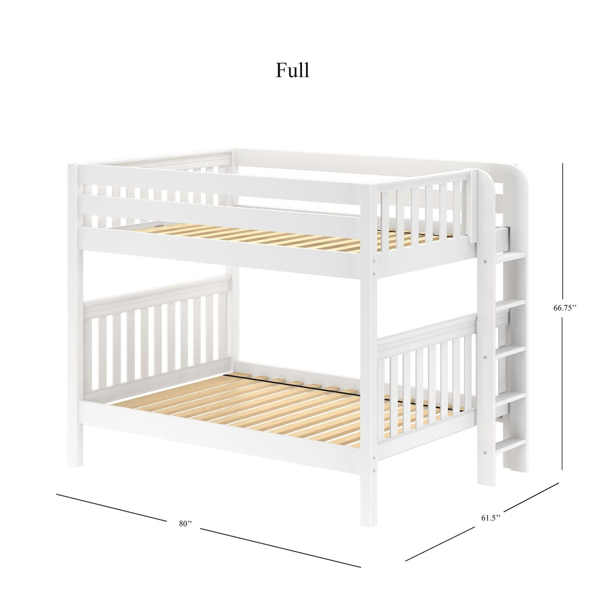 White full-size bunk bed with ladder and dimensions 80 inches long, 61.5 inches wide, 66.75 inches high.