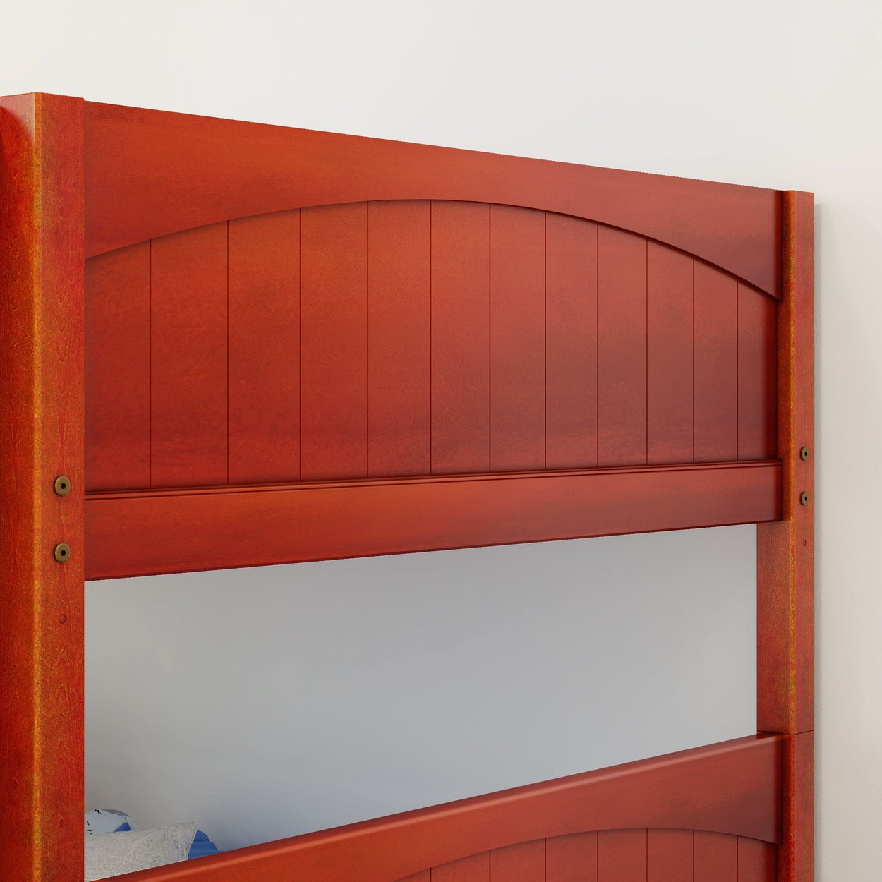 Red wooden headboard with arched top for bedroom furniture.