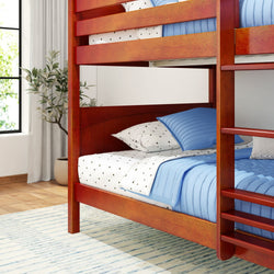 Red wooden bunk bed with blue and white bedding in a cozy, modern bedroom.