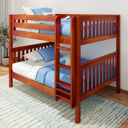 Wooden bunk bed with blue bedding in a modern bedroom setting.