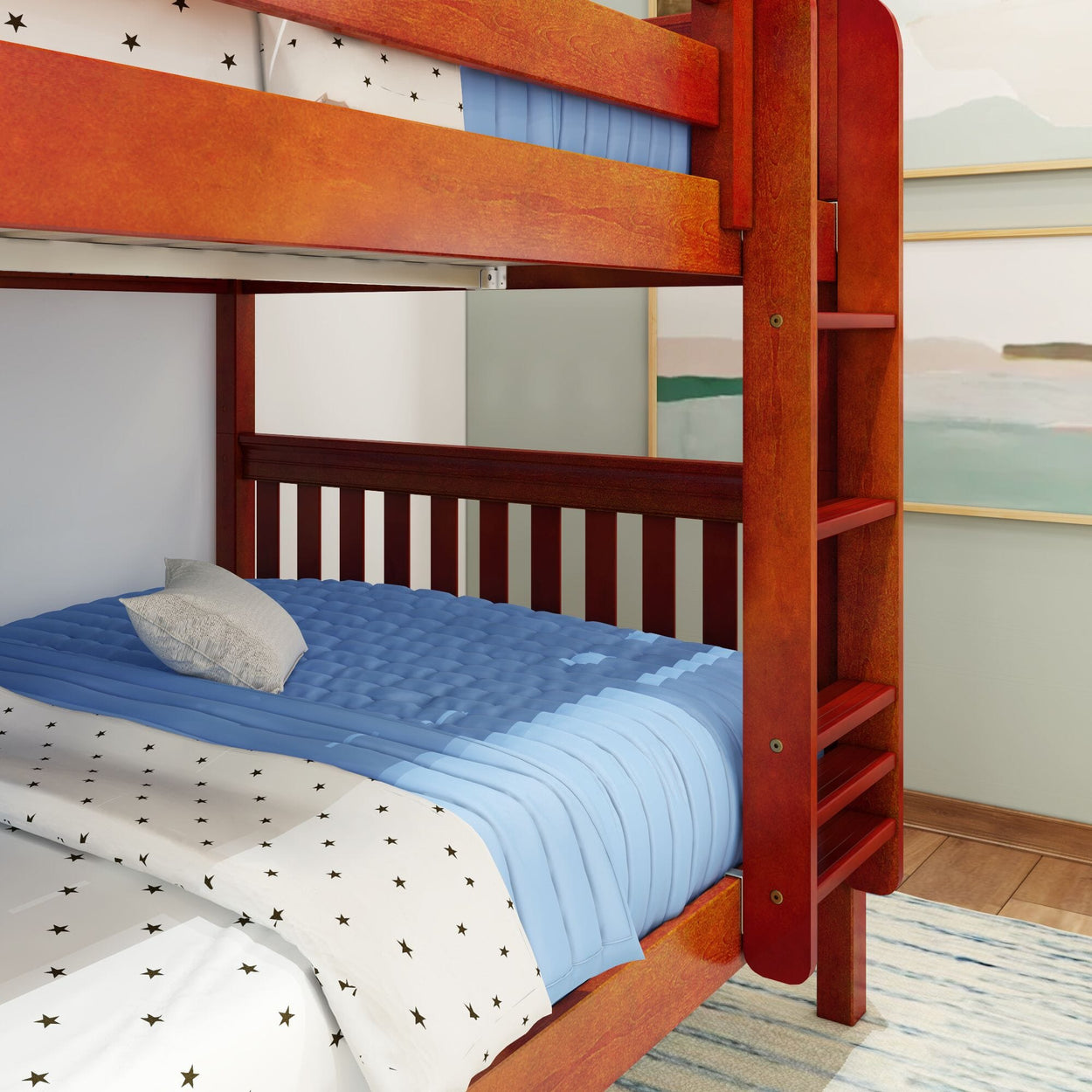 Red wooden bunk bed with blue bedding and star-patterned sheets in a cozy bedroom setting.