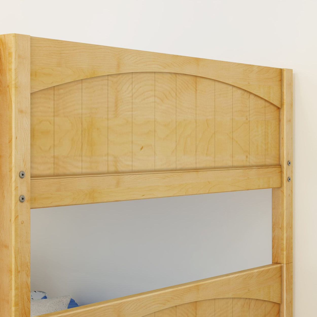 Wooden bunk bed frame with natural finish and curved headboard design.