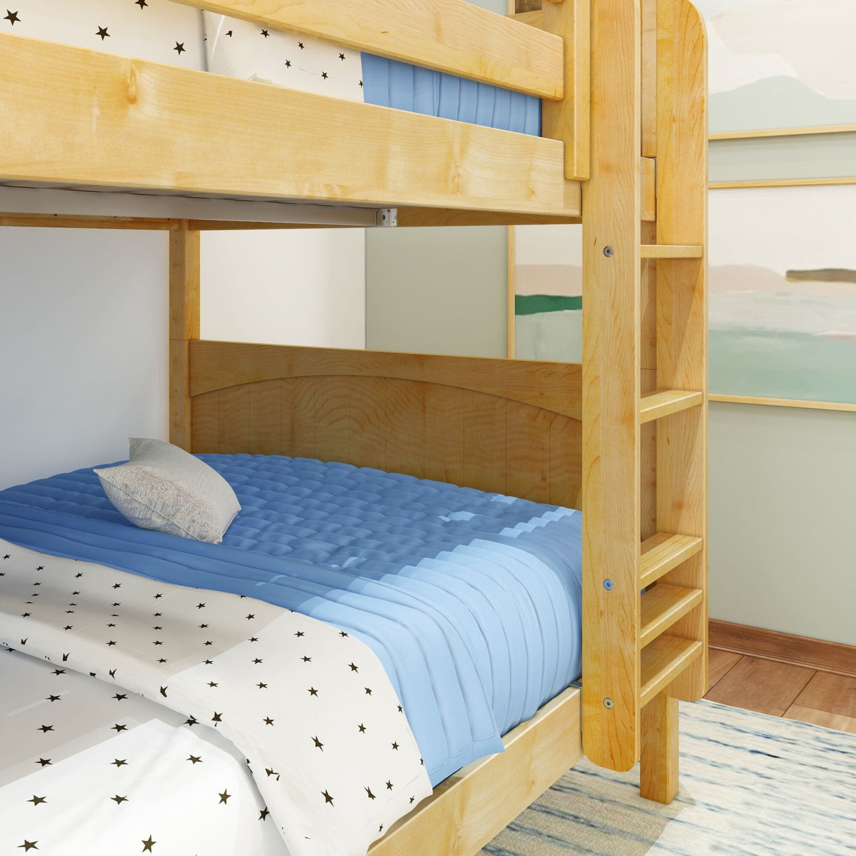 Wooden bunk bed with star-patterned bedding and blue blanket in a cozy children's bedroom.