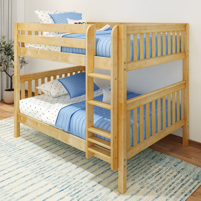 Wooden bunk bed with blue striped bedding in a bright, modern bedroom setting.