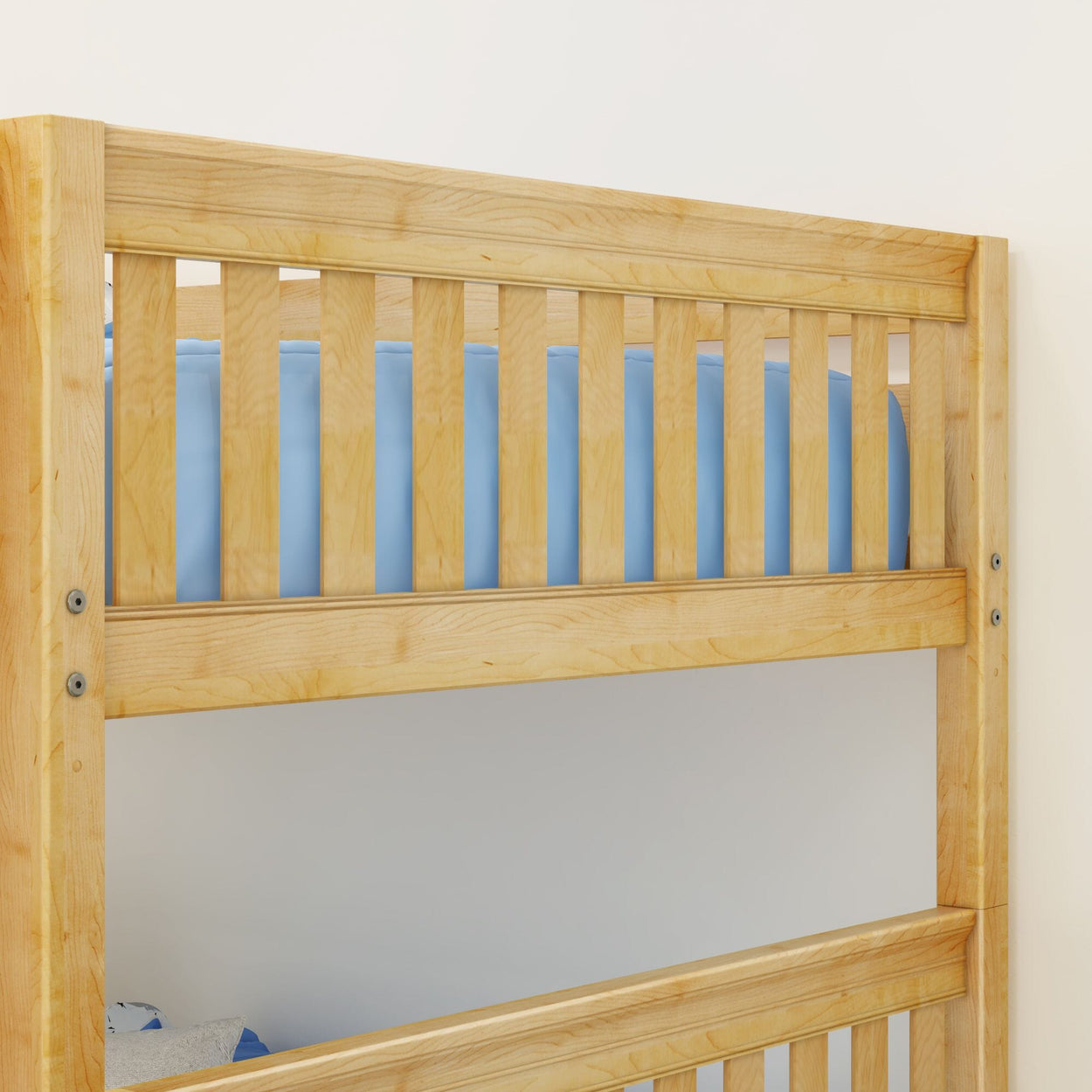 Wooden bunk bed with light blue mattress and slatted design in a minimal room setting.