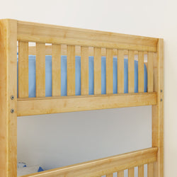 Wooden bunk bed with light blue mattress and slatted design in a minimal room setting.