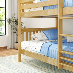 Wooden bunk bed with blue and white bedding in a cozy bedroom interior.