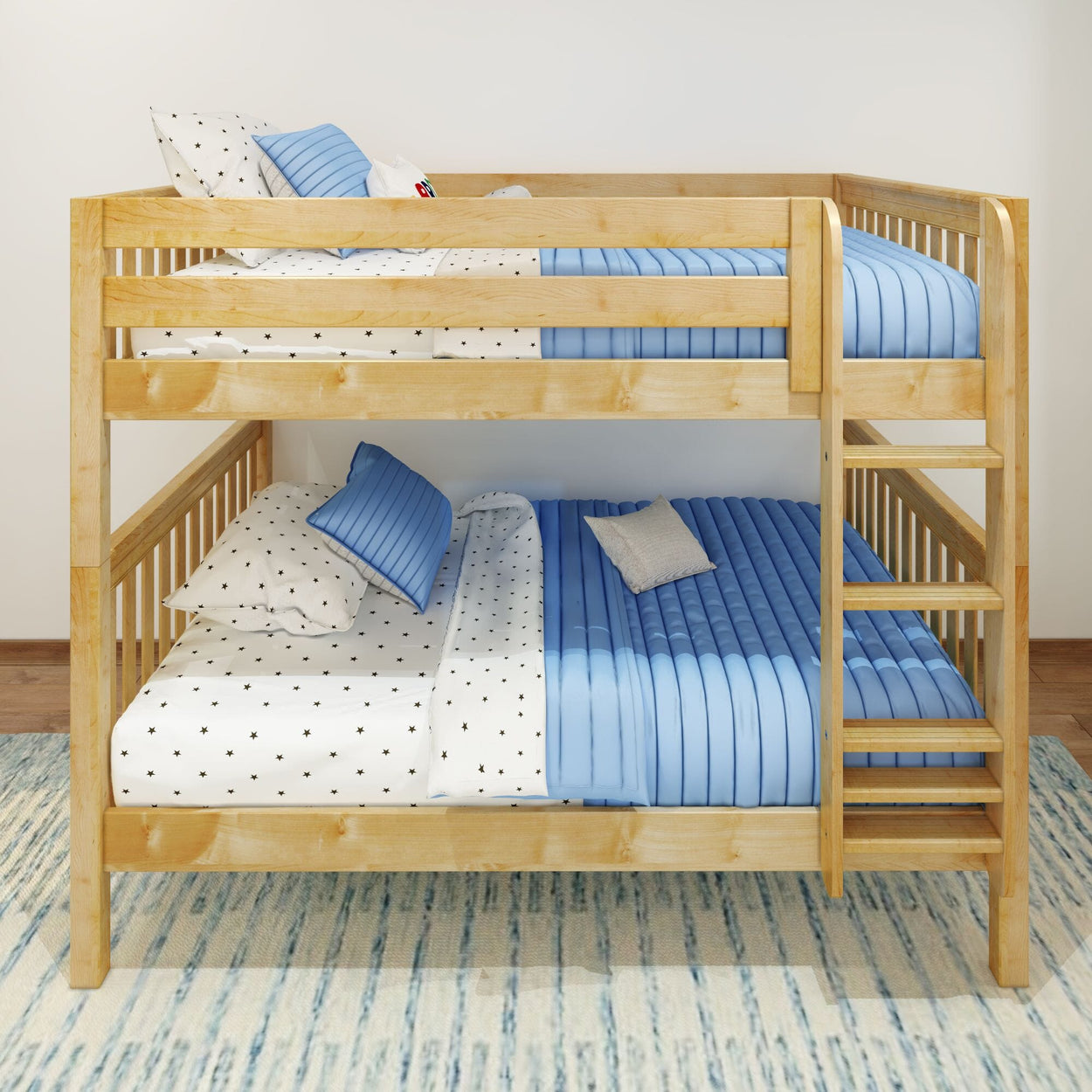 Wooden bunk bed with blue and white bedding in modern children's bedroom.