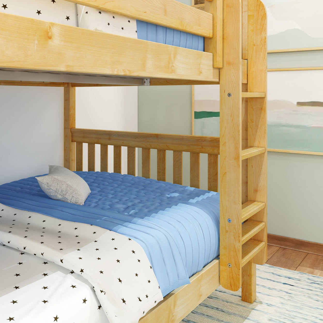 Wooden bunk bed with star-patterned bedding in a cozy children's bedroom.