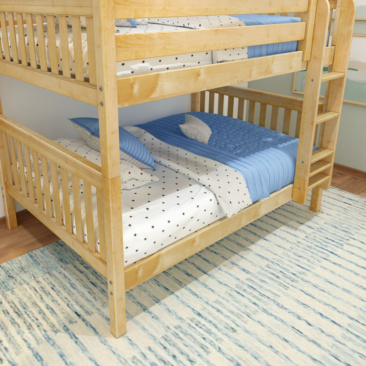 Wooden bunk bed with blue and star-patterned bedding in a modern bedroom.