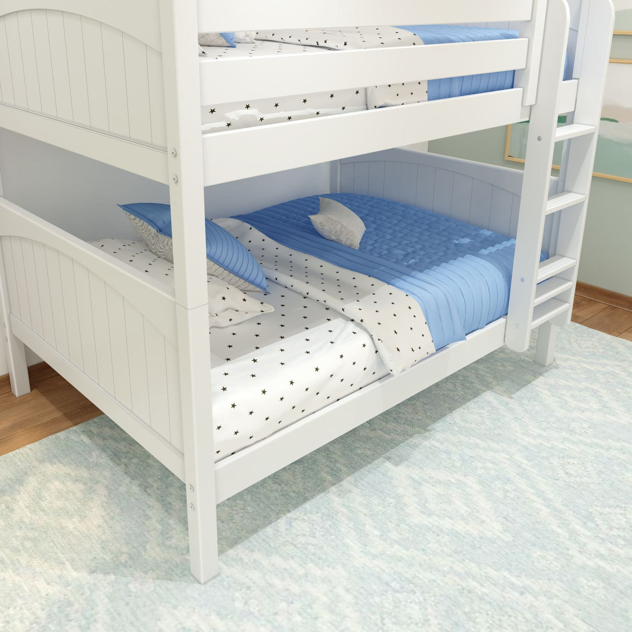 White wooden bunk bed with blue bedding and star-patterned sheets in a cozy children's room.