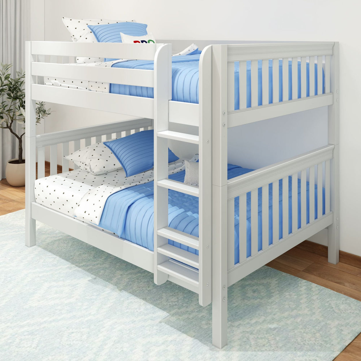White wooden bunk bed with blue and white bedding in a bright, modern children's room.