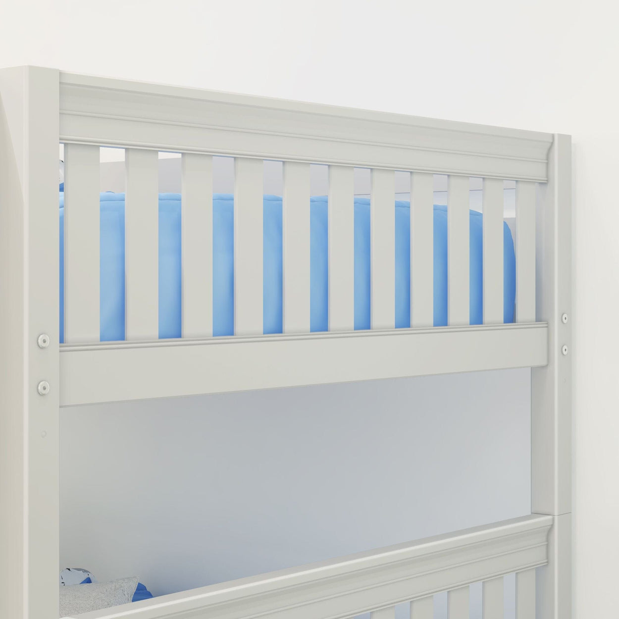 White wooden bunk bed with blue bedding, perfect for children's room decor and space-saving solutions.