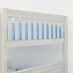White wooden bunk bed with blue bedding, perfect for children's room decor and space-saving solutions.