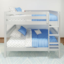 White wooden bunk bed with blue and star-patterned bedding, featuring a modern design and built-in ladder, perfect for kids' bedrooms.