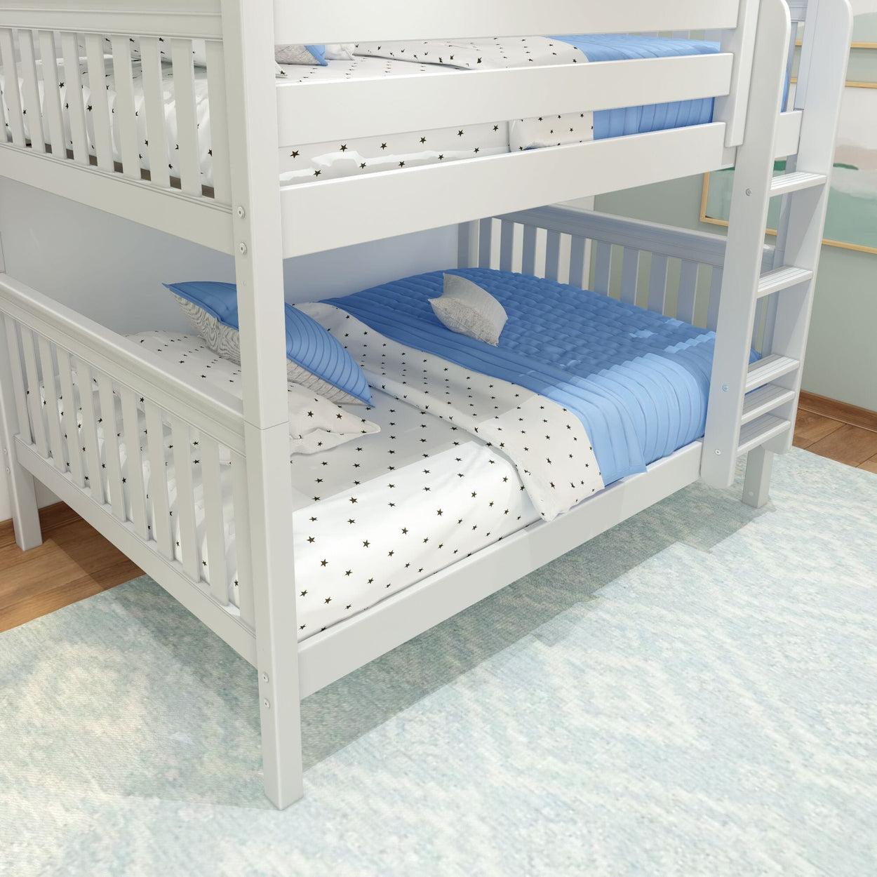 White twin bunk bed with blue bedding and a modern design in a cozy bedroom.